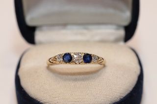 Antique Art Deco 18k Gold Natural Diamond And Sapphire Decorated Pretty Ring