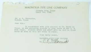 Vintage 1935 Magnolia Pipe Line Letter Signed By R.  L.  Mccormick Laredo Texas Oil