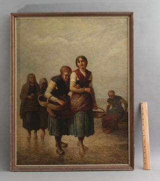 19thc Antique Signed ??? Genre Oil Painting,  French Peasant Women W/ Baskets Nr