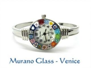 Murano Glass Bangle Watch Authentic Handmade Seiko Quartz Spring Opening Chrome