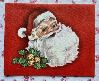 Vintage Mid Century Red Christmas Santa Claus Jingle Bells Holly Greeting Card