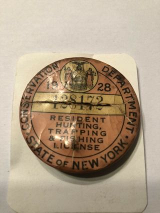 Antique 1928 Ny Hunting Fishing License Button