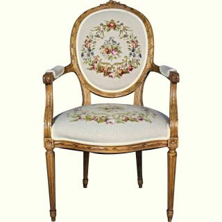Louis Xvi French Style Needlepoint Armchair Provincial Fauteuil Bergere Chair
