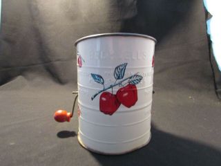 Vintage Metal Flour Sifter Mid Century Shabby Chic,  Wood Knob Crank /red Apples