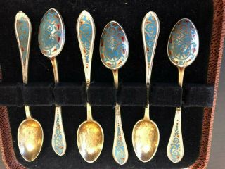 Antique Set Of 6 Russian Silver Champleve Enamel Tea Spoons By Ivan Khlebnikov