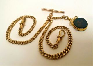 C1920s Antique Solid.  375 9ct Gold Double Pocket Watch Chain Spinning Fob 27.  9g