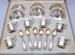 Antique Set Of 6 Solid Silver Coffee Cups,  Saucer & Spoon
