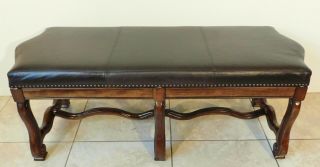 Large Bernhardt 51 " Black Leather Solid Mahogany Wood Upholstered Bench