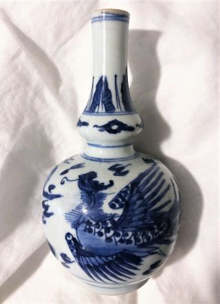 Antique Chinese Porcelain Bottle Vase Phoenix Blue & White