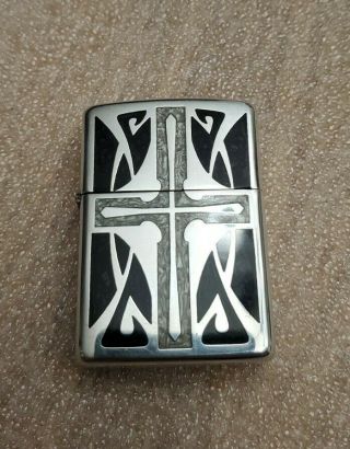 Zippo 2005 Silver Plated Mother Of Pear Inlaid Cross