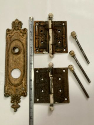 Antique Vintage East Lake Door Hinges Ornate Face Plate Pins