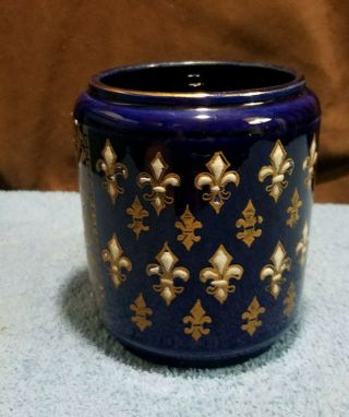 Vintage Ceramic Jar,  Blue With Gold And White Fleur De Lis
