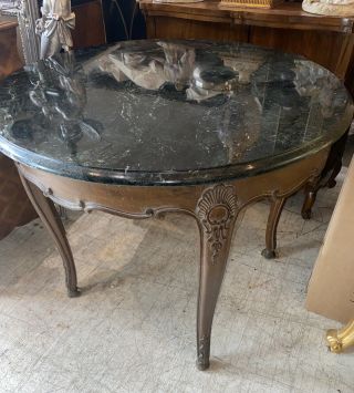 French Provincial Walnut Verde Green Marble Top Center Table