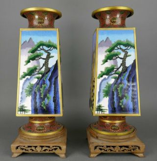 Pair Antique Meiji Japanese Cloisonne Enamel Landscape Pine Tree Mountain Vase