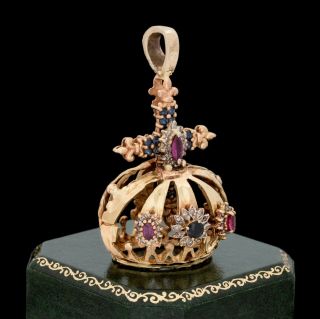 Antique Vintage Deco 18k Yellow Gold Sapphire Ruby Diamond Cross Crown Pendant