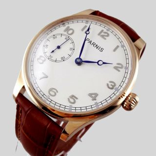 44mm Parnis White Dial Blue Hands Hand Winding 6497 Mechanical Mens Watch