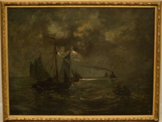 Fine Antique Early 20th Century Moonlit Seascape Oil Painting