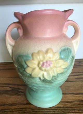 Vintage Pastel Hull Pottery Floral Water Lily Vase With Scallops & Handles 6 "