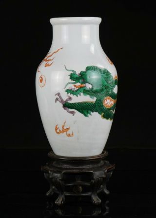 Antique Chinese Famille Verte Porcelain Dragon Vase & Wooden Stand 18/19thc Qing