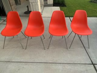 4 Herman Miller Eames Plastic Side Chairs On H Base Red/orange