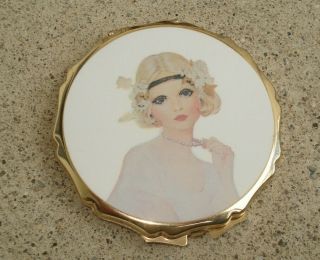 Vintage Flapper Girl Pill Box " Pill Bar " Gold Tone Round Large 3 " Made In Japan