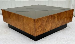Milo Baughman Parson Coffee Table Cube Burl Wood Smoke Mirror MCM Thayer Coggin 2