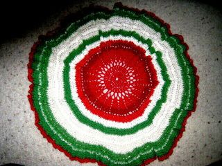Vintage Handmade Crochet Christmas Red Green White Round Doily 22 "