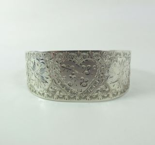 Beautifully Engraved Antique Sterling Silver Cuff Bracelet With Heart 42.  8 Grams