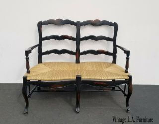 Vintage French Country Ladderback Rush Black Two Seater Bench