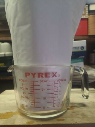 Vintage Pyrex Glass 4 Cup/1 Quart/1 Liter Measuring Cup Open Handle Red Letters