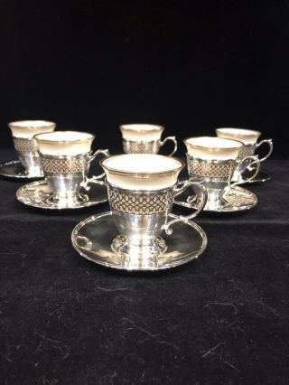 Set 6 Tiffany Makers Sterling Demitasse Cups Saucers Lenox For Tiffany Liners