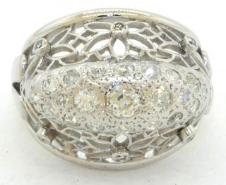 Heavy Antique Platinum/14k Wg 1.  69ct Diamond Flower Dome Cluster Ring Size 7.  25