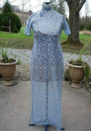 Exquisite Old 1930s Chinese Full Length Blue Lace Cheongsam,  Qipao