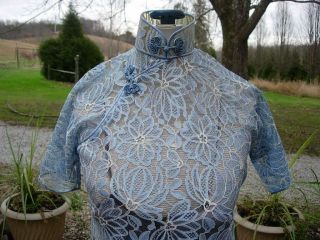 EXQUISITE OLD 1930S CHINESE FULL LENGTH BLUE LACE CHEONGSAM,  QIPAO 3