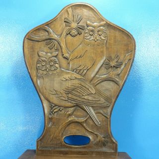 Antique Art Nouveau German Black Forest Wood Carved Brettstuhl CHAIR Owl Relief 2