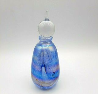 Vintage Blue Iridescent Studio Art Glass Hand Blown Perfume Bottle With Stopper