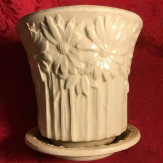 Vintage Mccoy Art Pottery Large Cream White Daisy Flower Pot W Attached Saucer