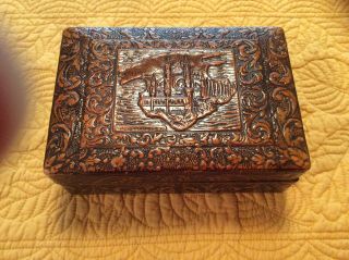 Vintage Spain Carved Tooled Leather Wood Cigarette Trinket Box