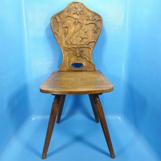 Antique Artdeco German Black Forest Wood Carved Brettstuhl Chair Squirrel Relief