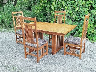 Mission Arts & Crafts Prairie Oak Dining Room Set With Leaves Table & Chairs