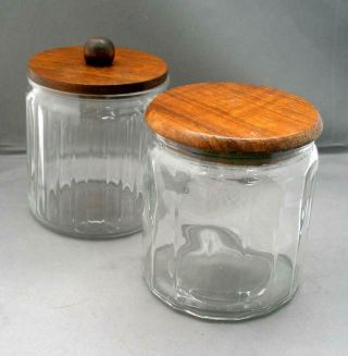 Vintage Pair 1960s Walnut Wood Lidded Tobacco Clear Glass Humidors Canisters