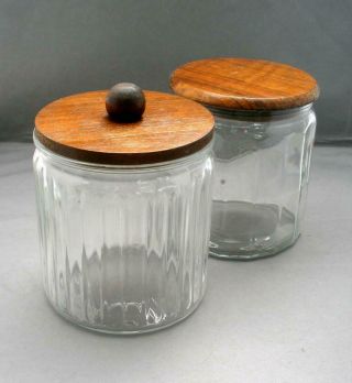 Vintage Pair 1960s Walnut Wood Lidded Tobacco Clear Glass Humidors Canisters 2