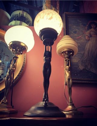 French Art Deco Bronze Diana Lamp With Pink Sphere Glass Shade