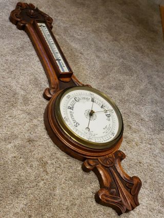Antique English Victorian Ornate Carved Oak Aneroid Wall Barometer & Thermometer 2