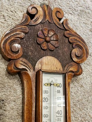 Antique English Victorian Ornate Carved Oak Aneroid Wall Barometer & Thermometer 3