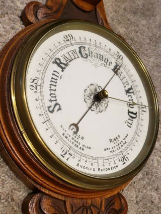 Antique English Victorian Ornate Carved Oak Aneroid Wall Barometer & Thermometer 4