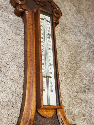 Antique English Victorian Ornate Carved Oak Aneroid Wall Barometer & Thermometer 5