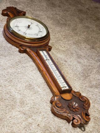 Antique English Victorian Ornate Carved Oak Aneroid Wall Barometer & Thermometer 6