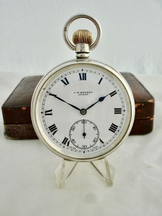 Solid Silver Antique Open Face J W Benson Pocket Watch London 1938