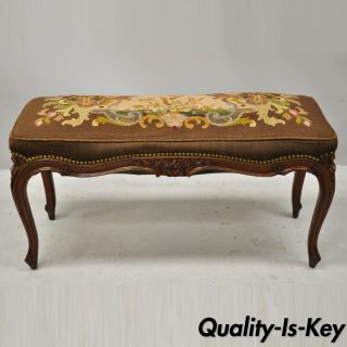 Antique French Louis Xv Style Victorian Carved Mahogany Needlepoint Brown Bench